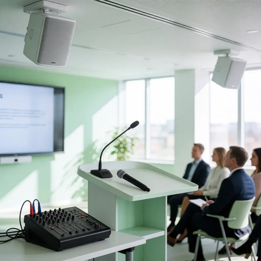 Salle de conférence avec micros sur table.