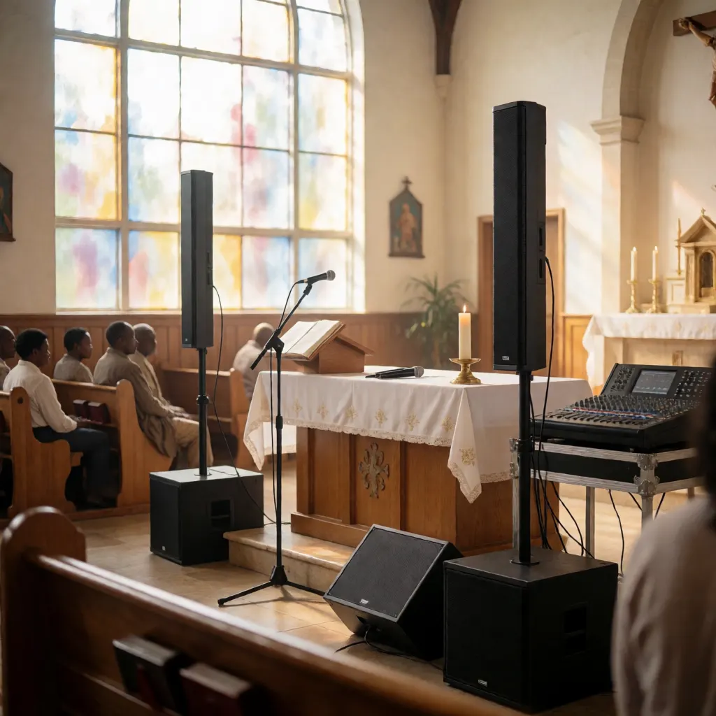 Nef d'église équipée d'enceintes.